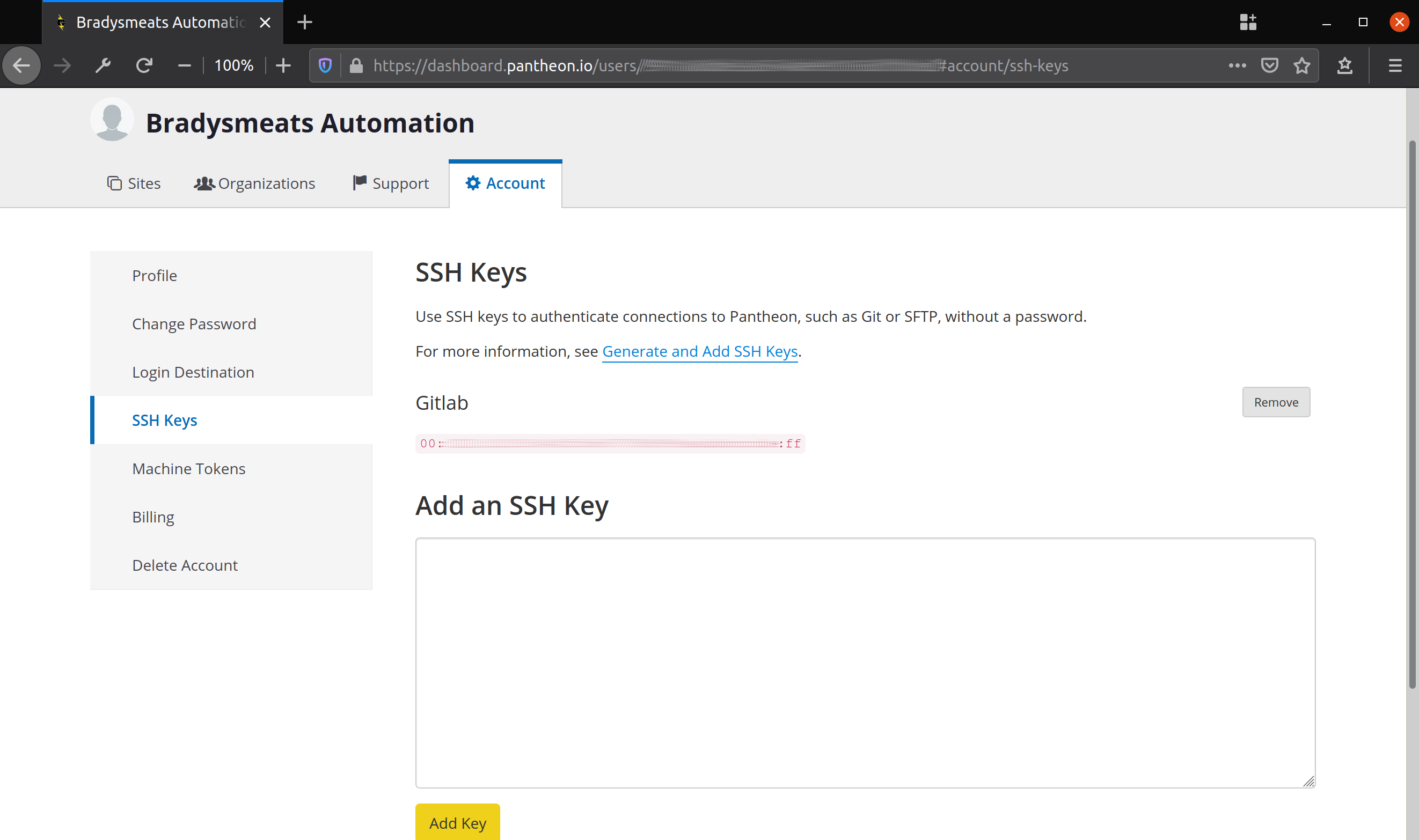 Screen capture of uploading the automation bot’s SSH key