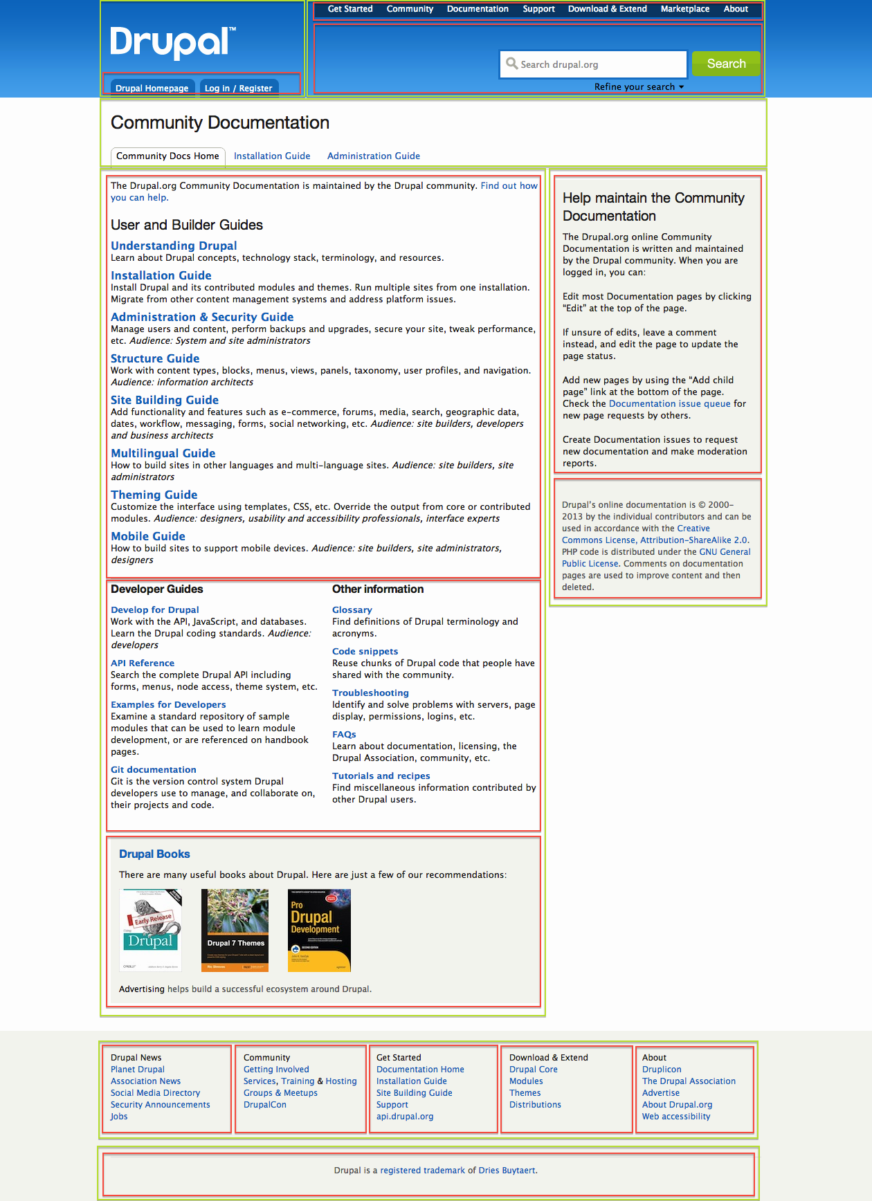 A screenshot of a page on the Drupal website highlighting regions and blocks
